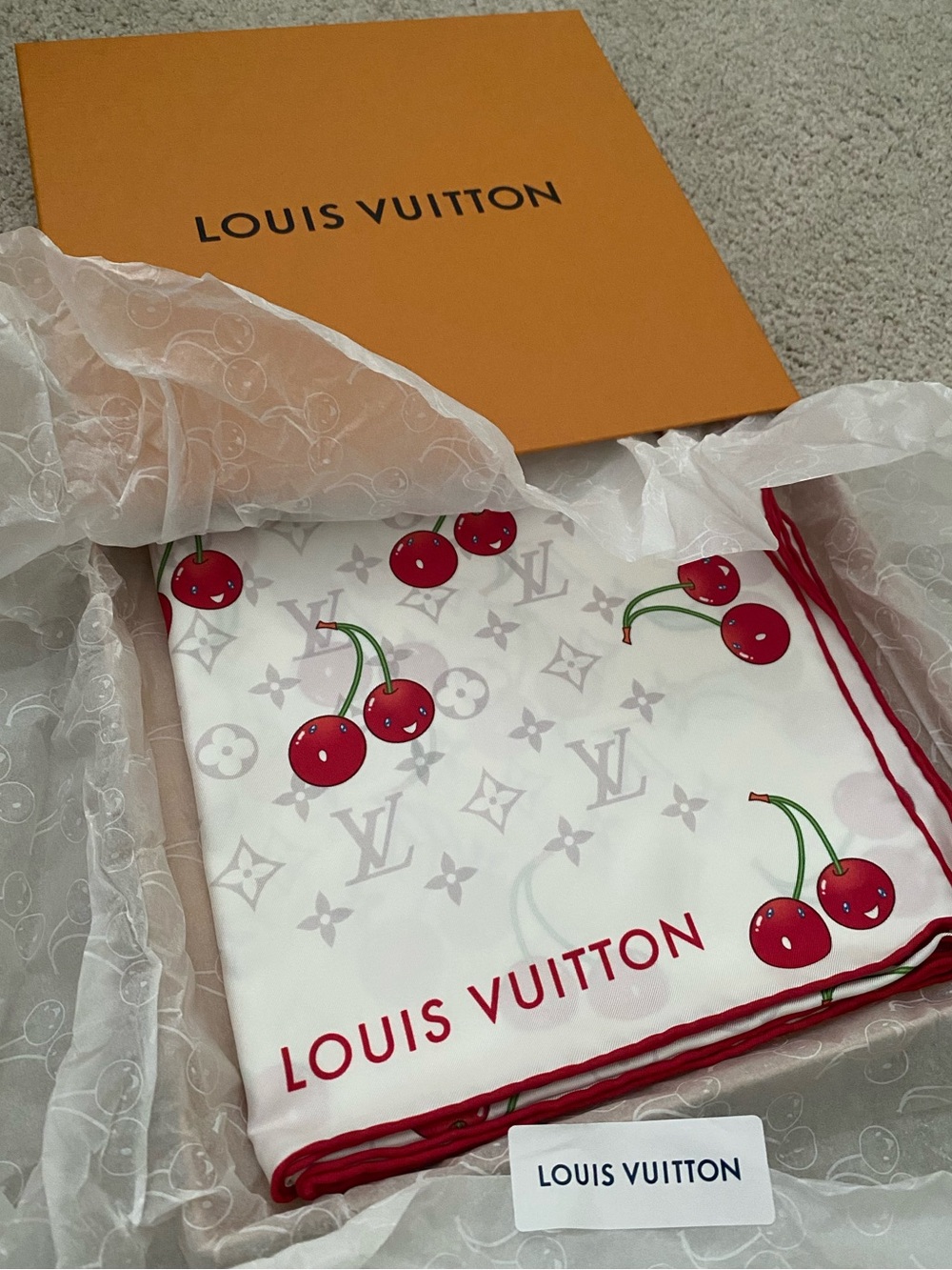 LV x TM Monogram Cerise Square 90 Cherry Murakami Blanc